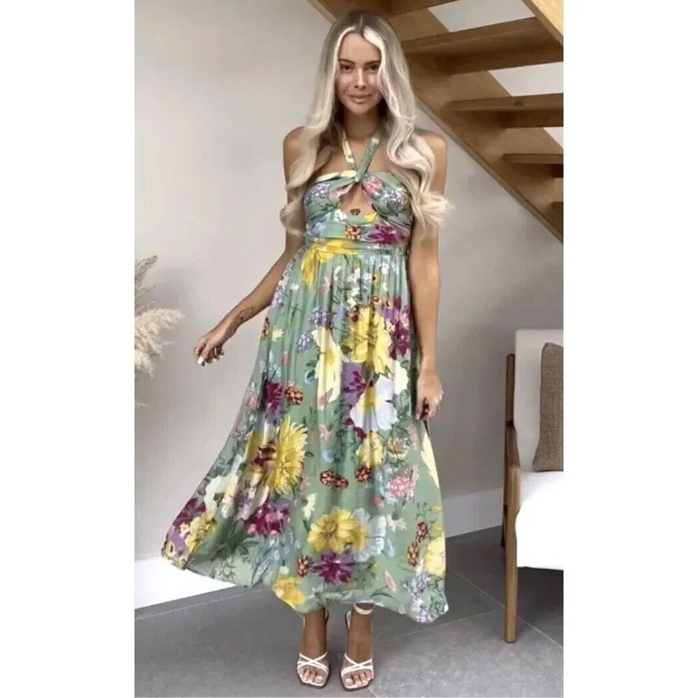 H&M Green Floral Halter Neck Midi Maxi Cut Out Summer Dress SIZE L Vacation Boho - Picture 2 of 11